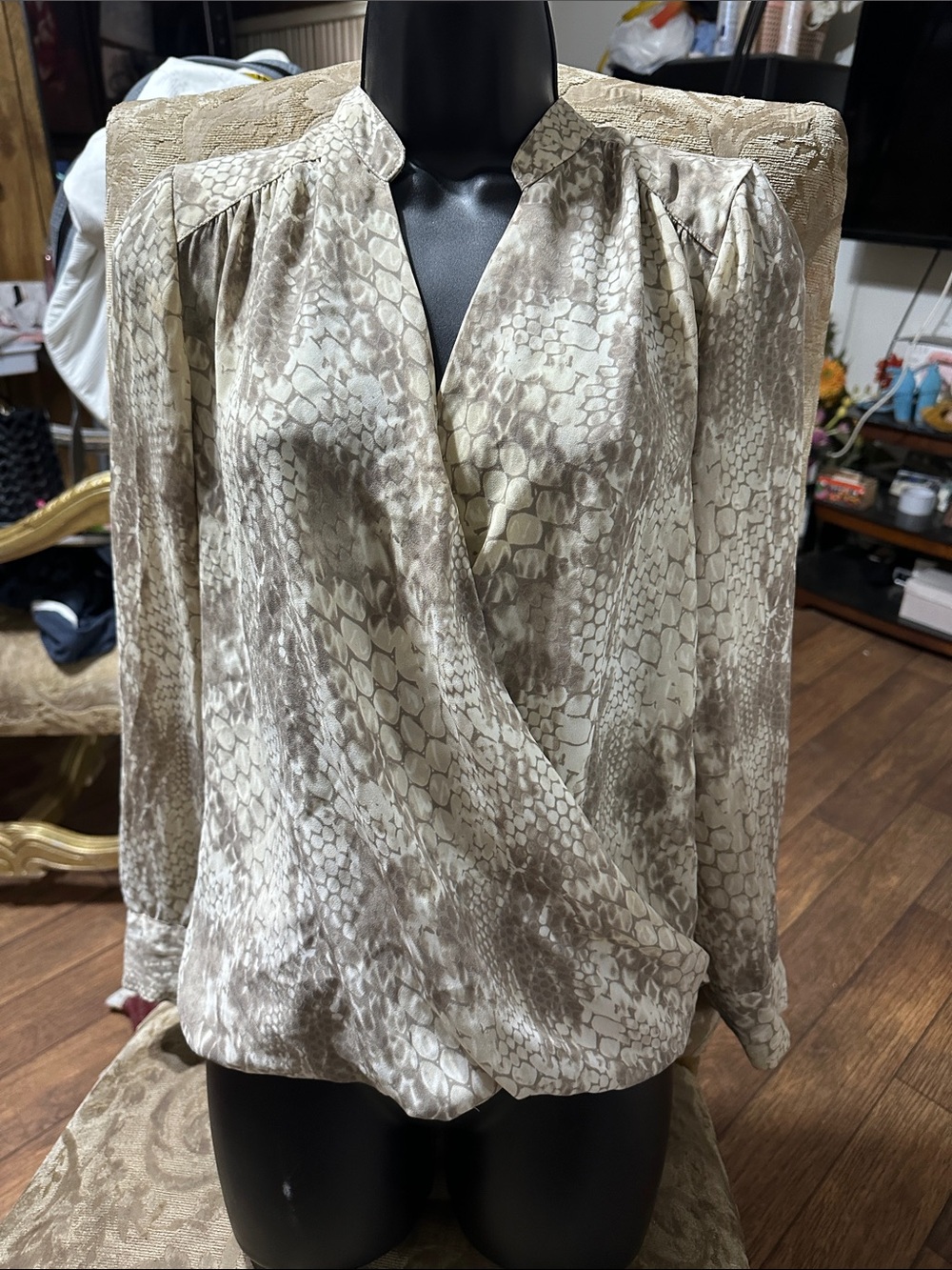 INC International Concepts Beige Snake-Print Wrap Blouse